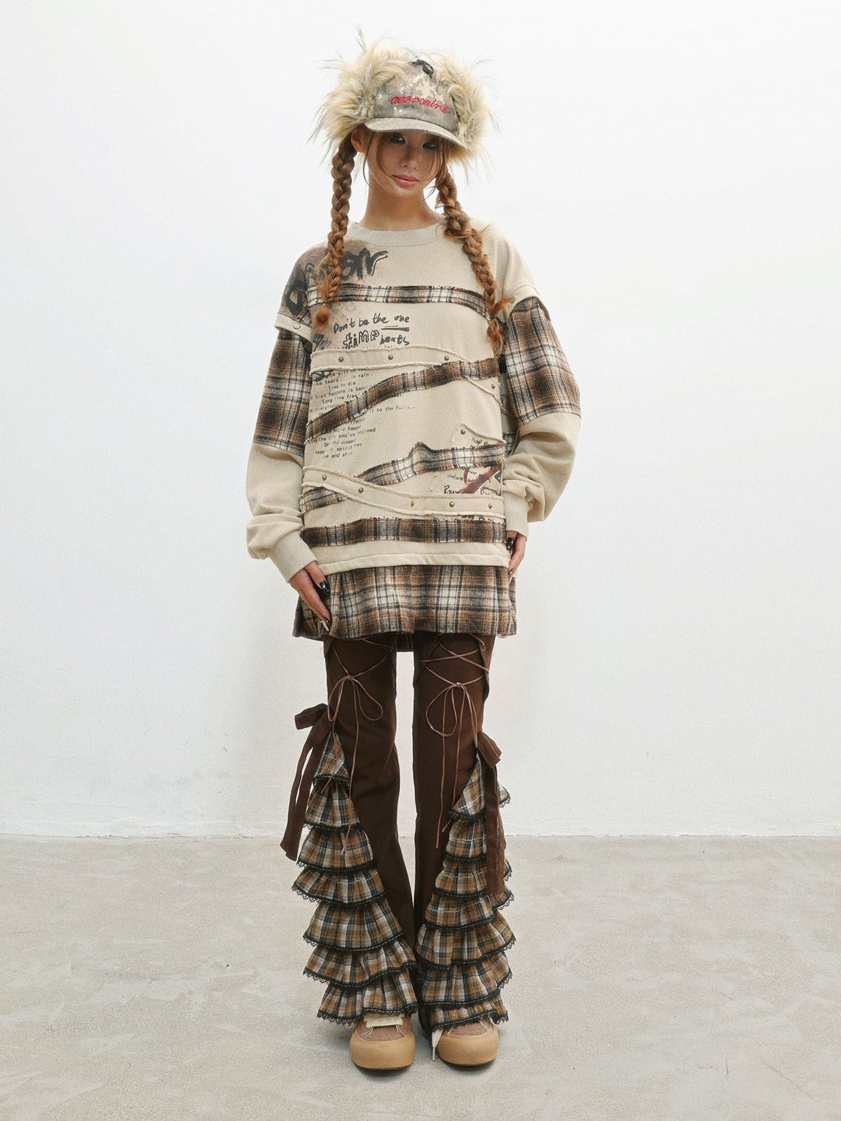 Plaid Lace-Up Ruffle Slimming Pants