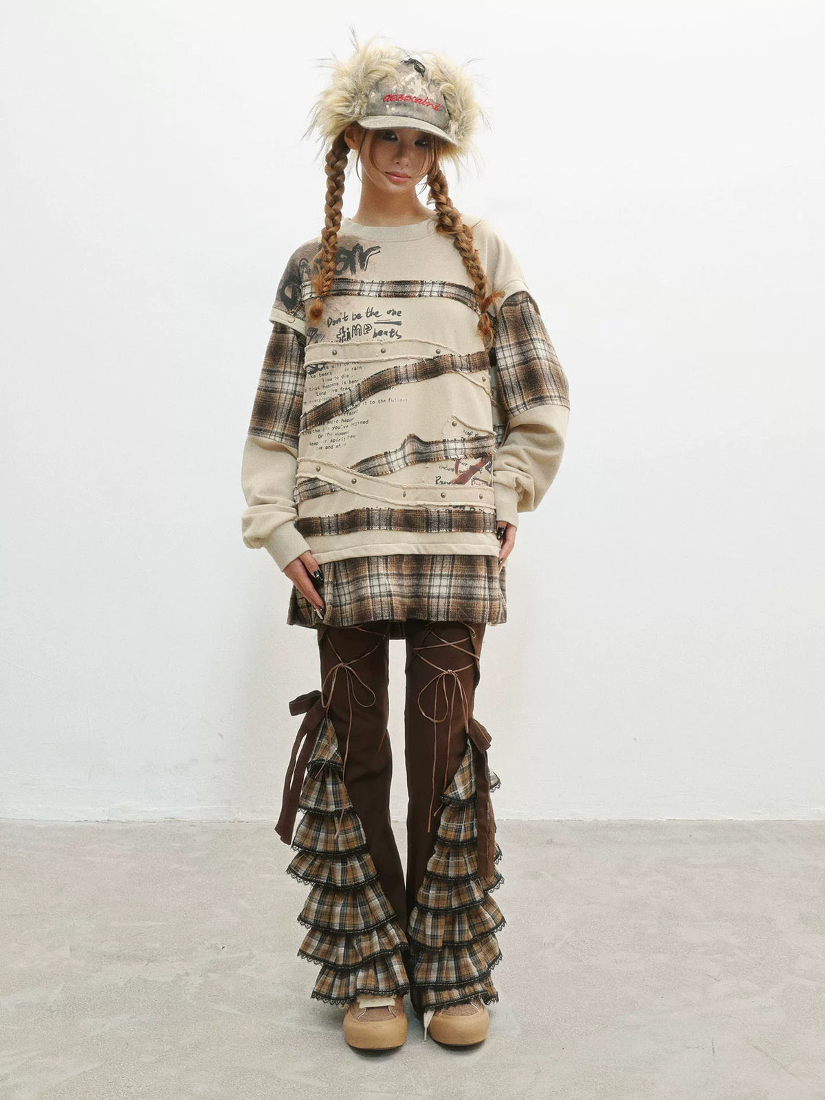 Plaid Lace-Up Ruffle Slimming Pants