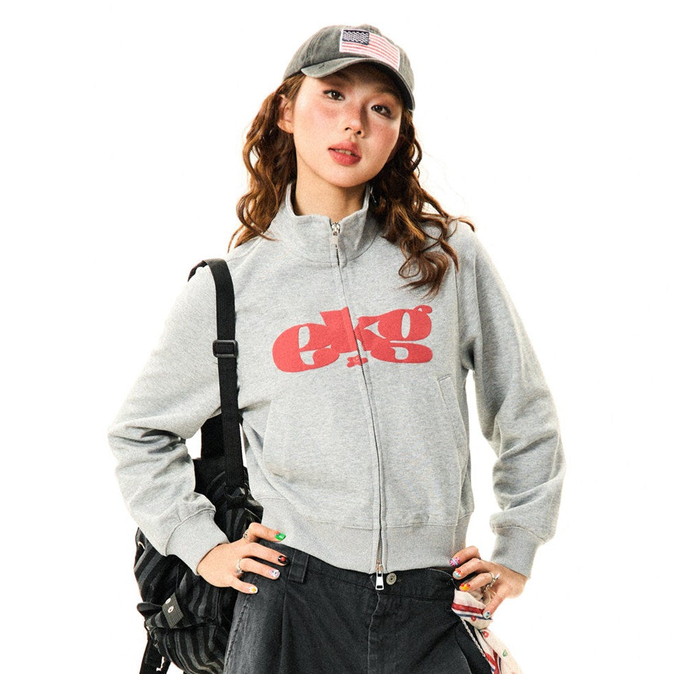 Letter Print Fitted Zipper Hoodie