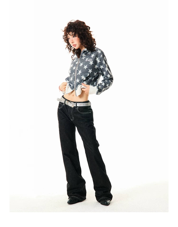 Star Print Cropped Zip-Up Hoodie