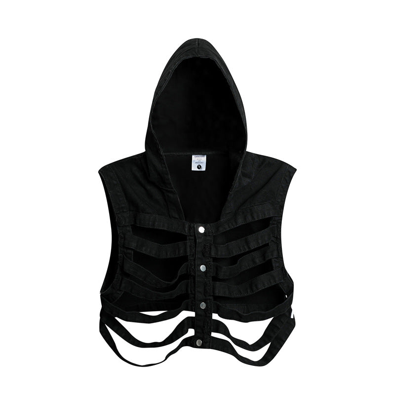 Gilet en jean à capuche ajouré motif squelette