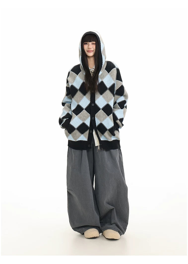 Heavyweight Diamond Pattern Oversize Hooded Knit Cardigan & Knit Sweater
