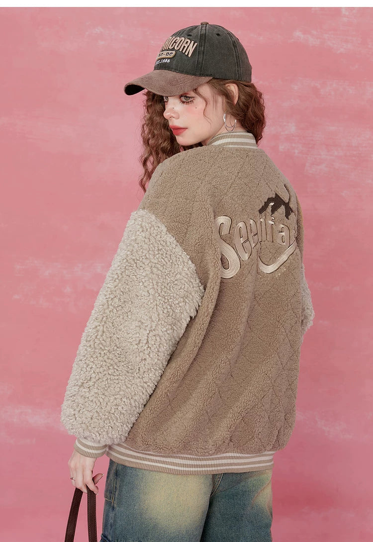 Colorblock Embroidery Fleece-Lined Baseball Jacket
