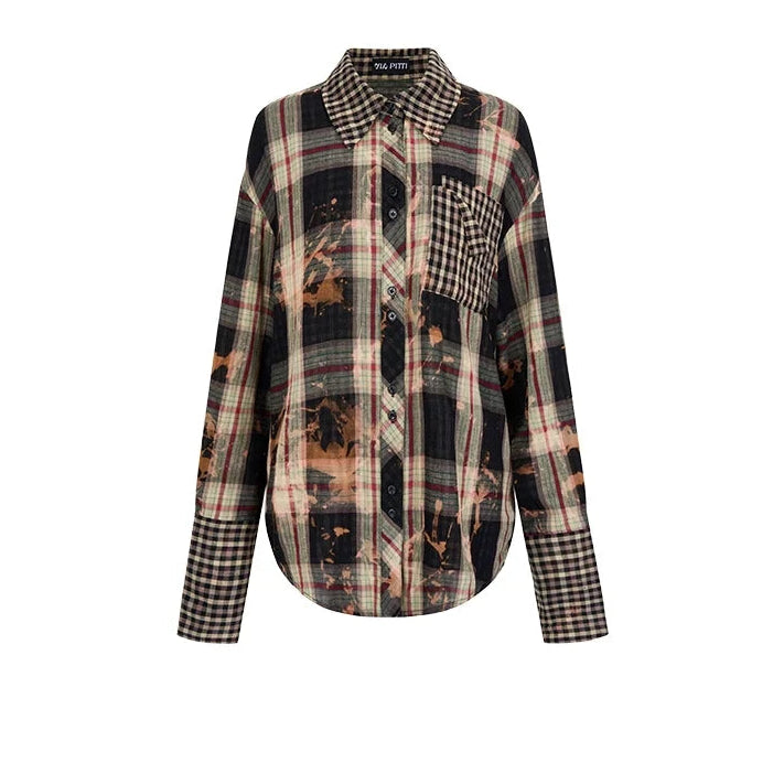 Oversize Plaid Long Sleeve Shirt & Short Skirt & Scarf Setup