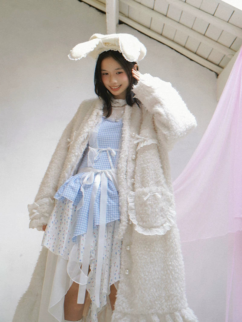 Plush Bow Ruffle Long Coat