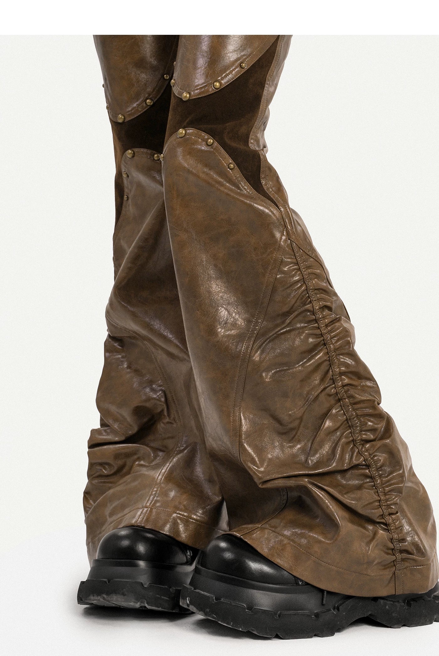 PU Leather Patchwork Fitted Flare Pants