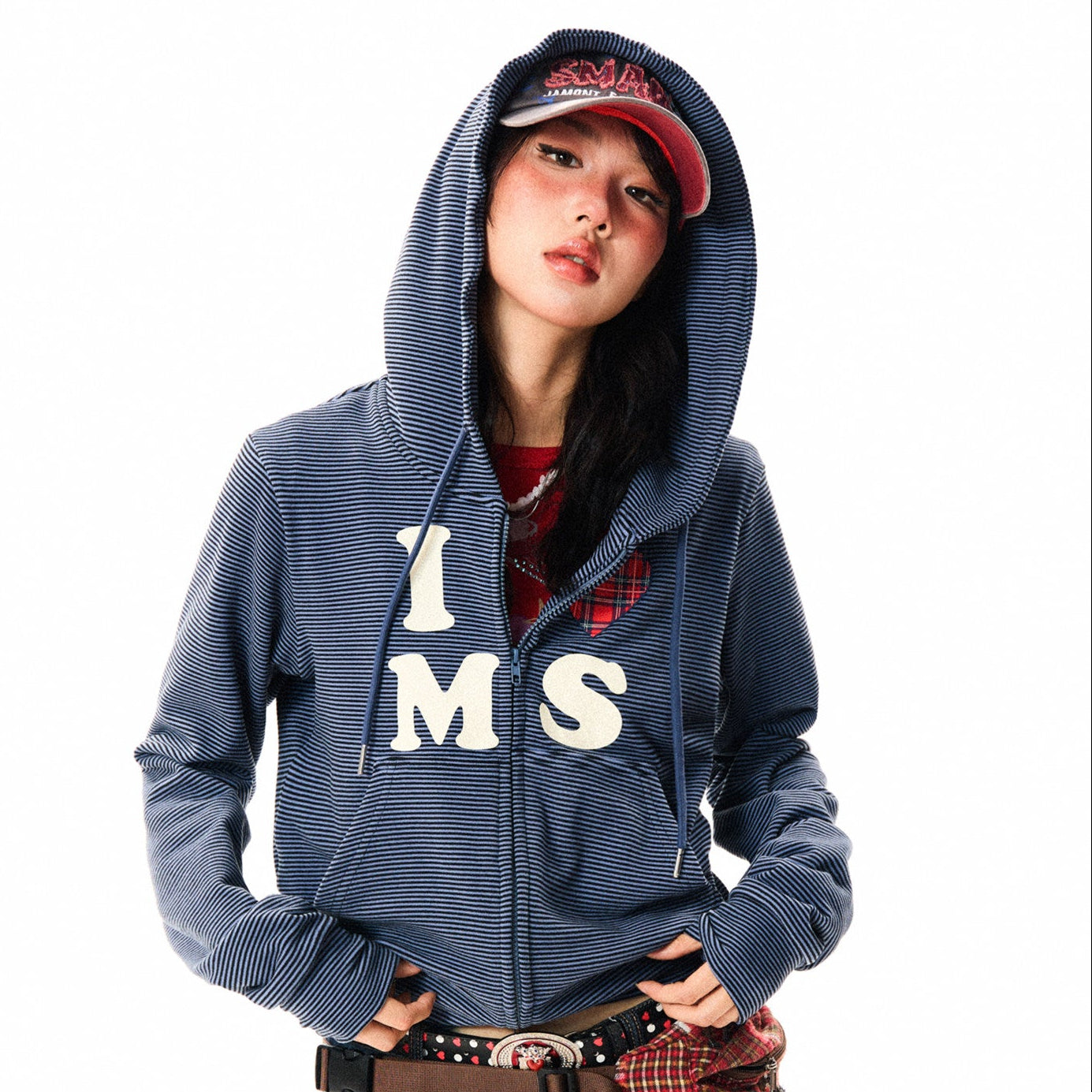 Heart Letter Print Stripe Cropped Zipper Hoodie