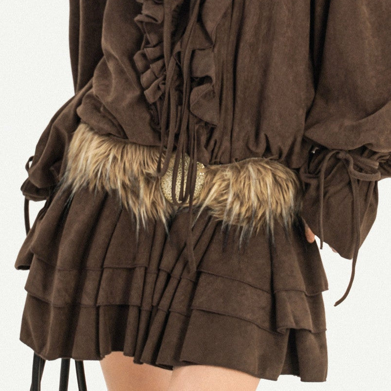 Cutout Ring PU Leather Furry Belt