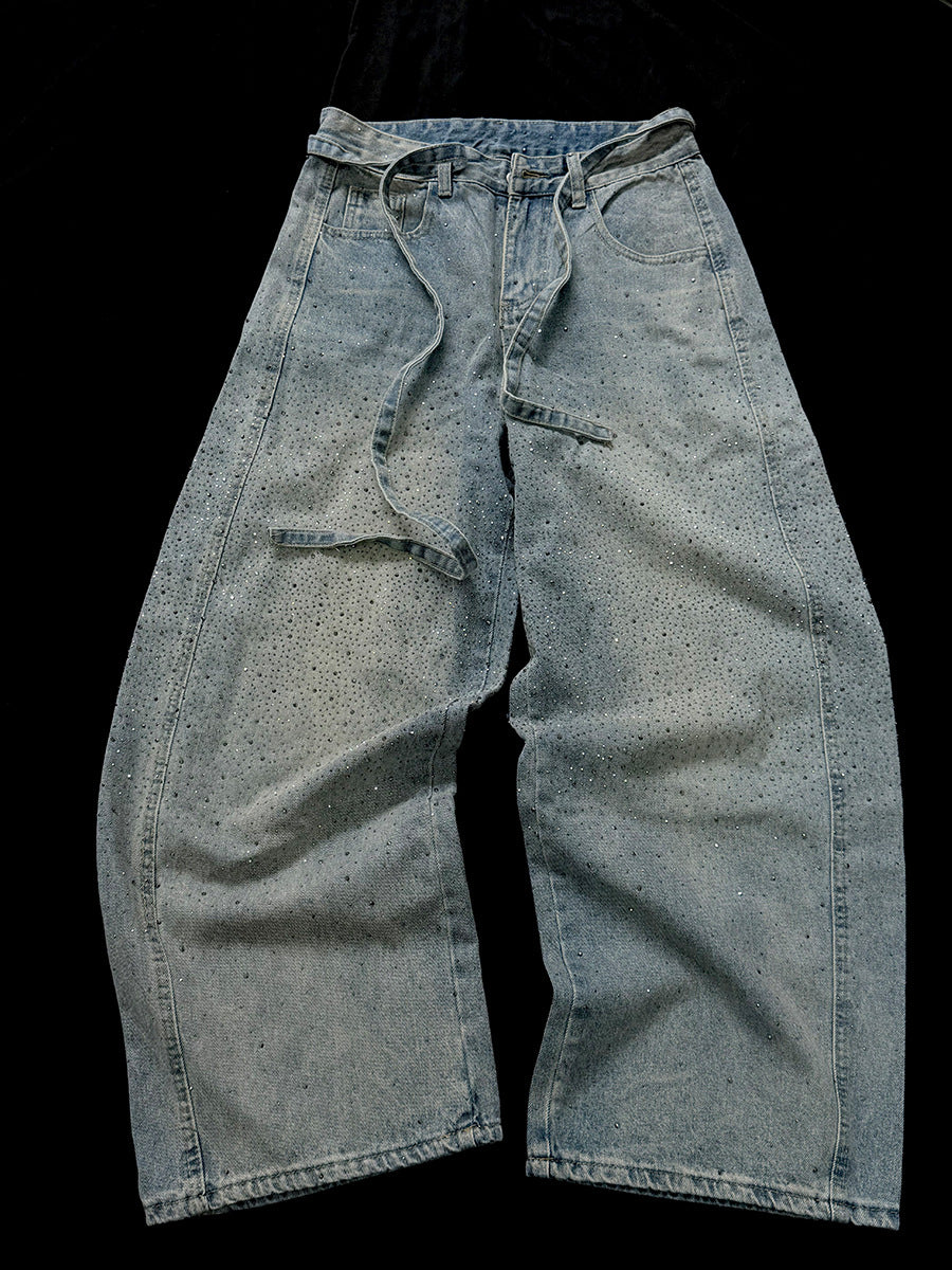 Rhinestone Drawstring Wide Leg Denim Jeans