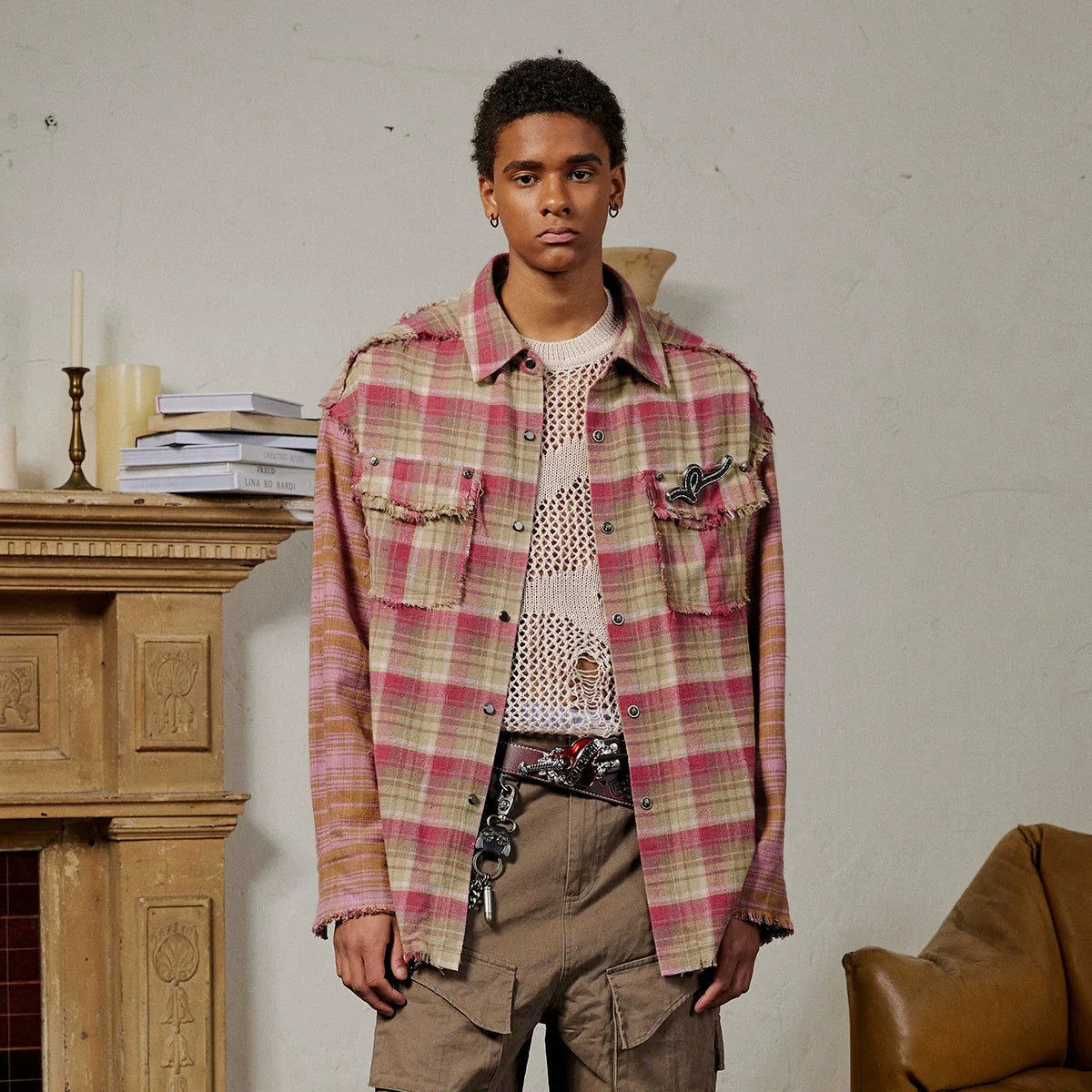 Colorblock Brushed Raw Hem Patchwork Plaid Long Sleeve Shirt