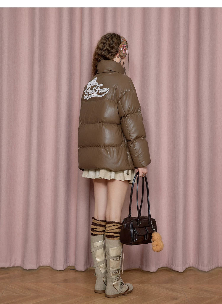 Fake PU Leather Stand Neck Lace Patchwork White Duck Down Jacket