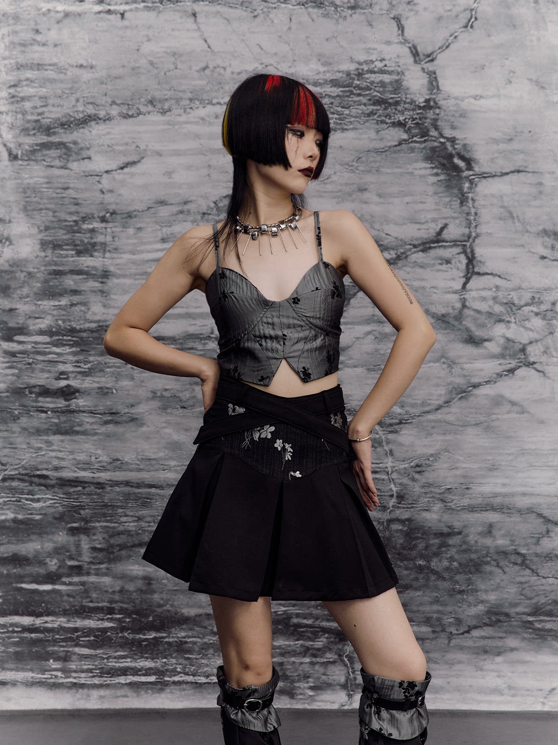 Chinese Style A-Line Jacquard Pleats Short Skirt