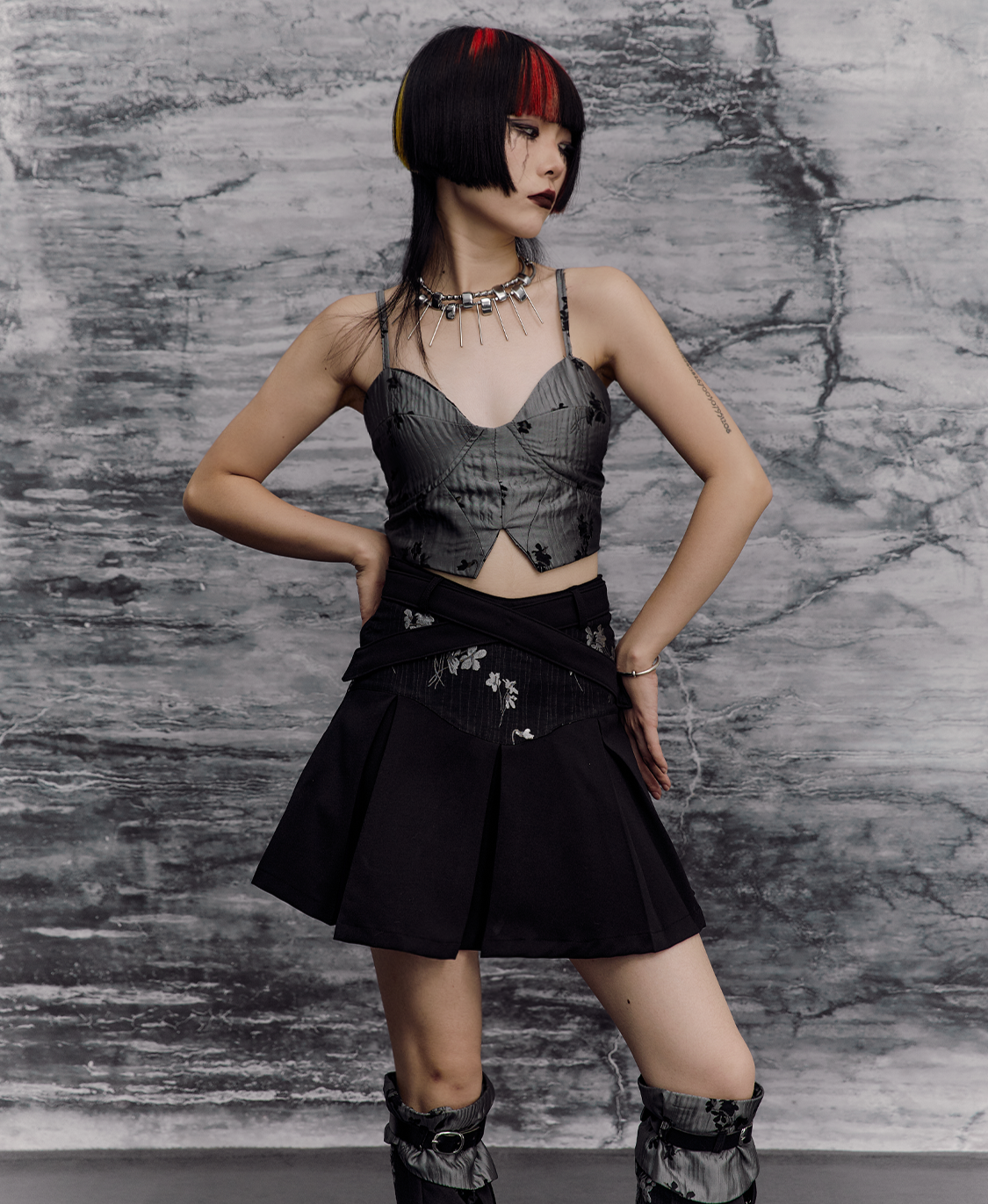 Chinese Style A-Line Jacquard Pleats Short Skirt