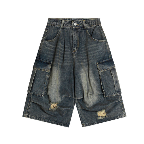 Bermuda Jeans Cargo com Lavagem Estonada e Efeito Desgastado - Azul / S