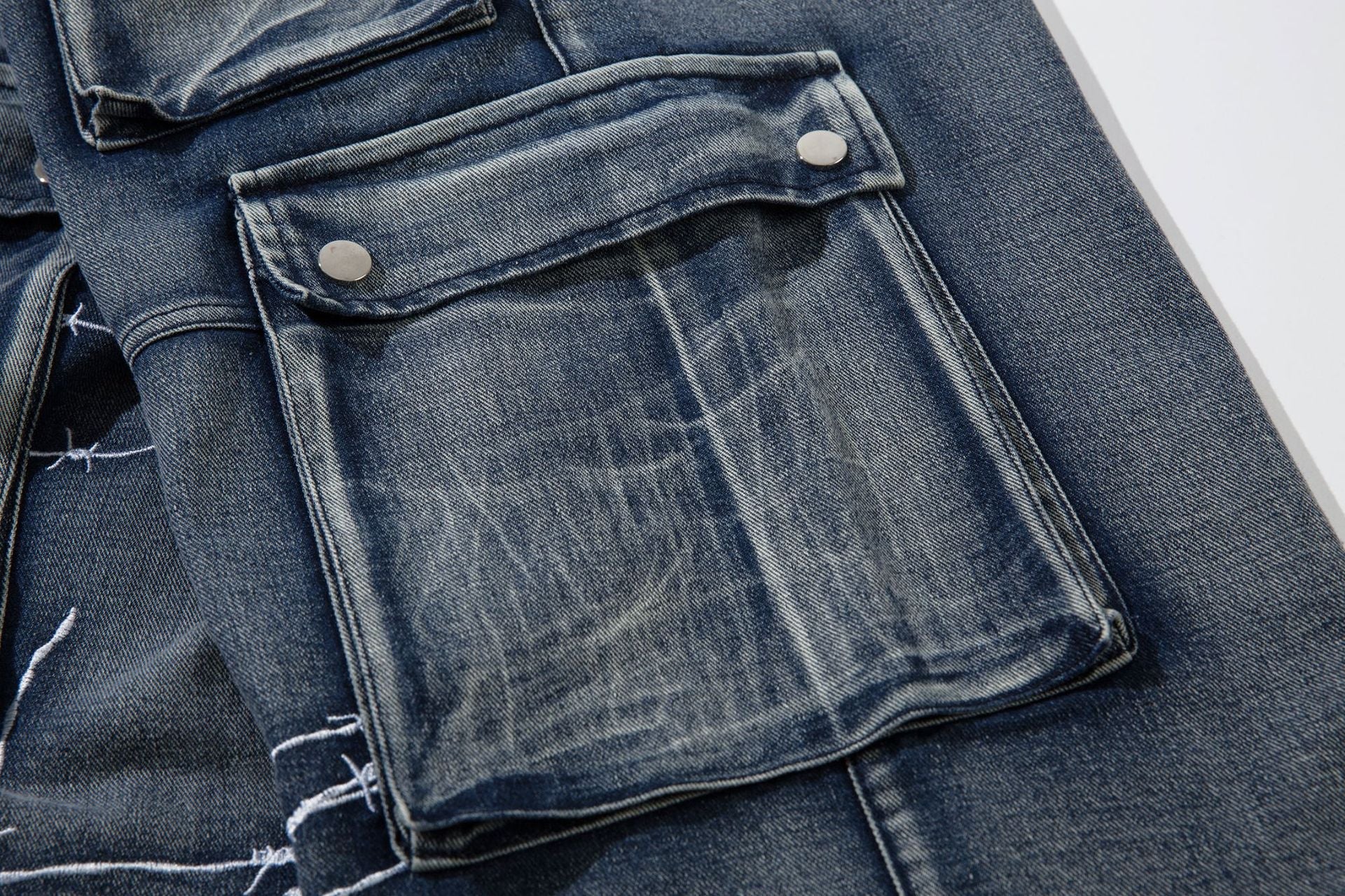Cargo Pocket Embroidery Wide Leg Denim Jeans