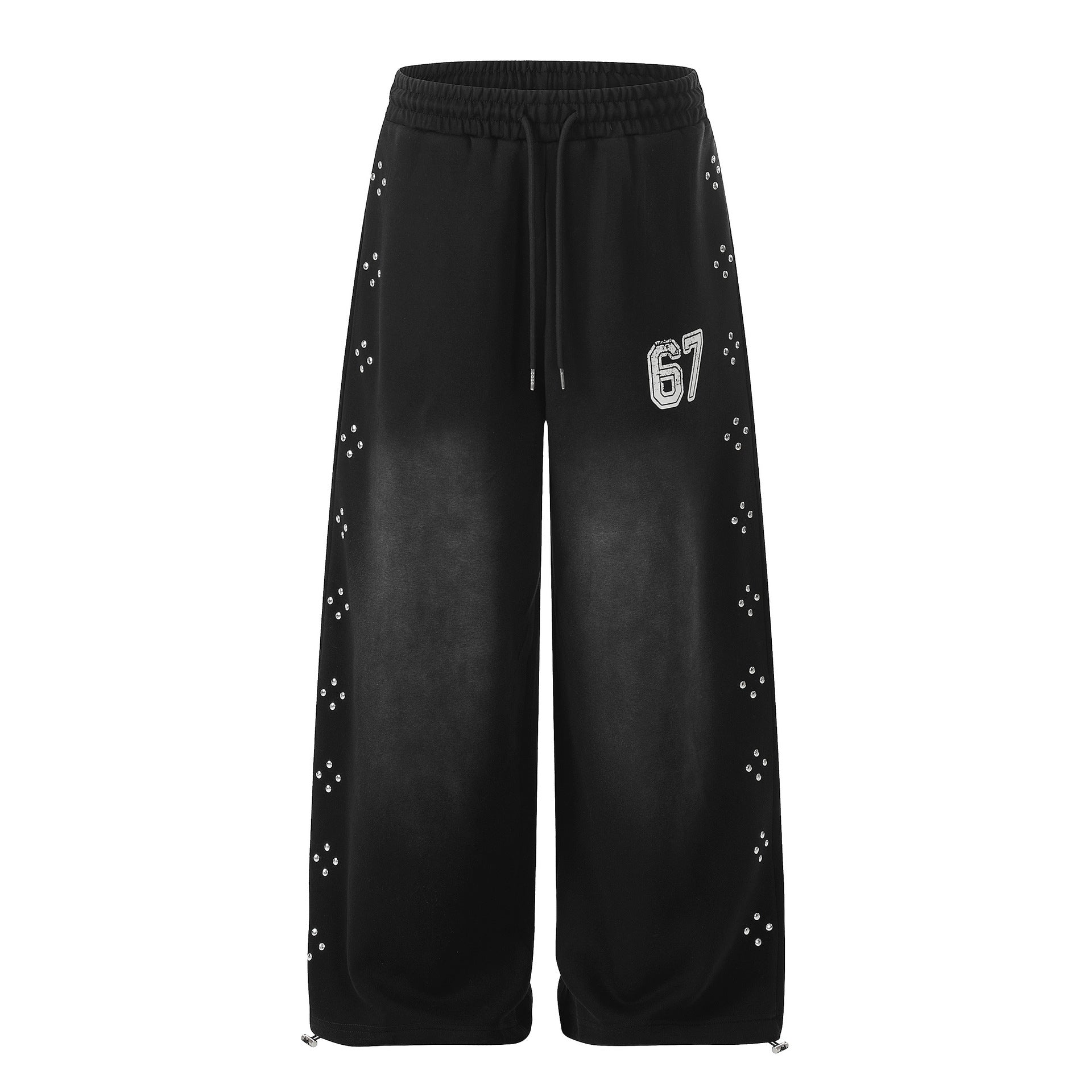 Washed Studs Number Print Wide Leg Pants