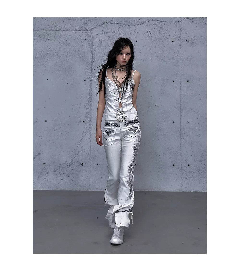 Embroidery Low Rise Straight Denim Jeans