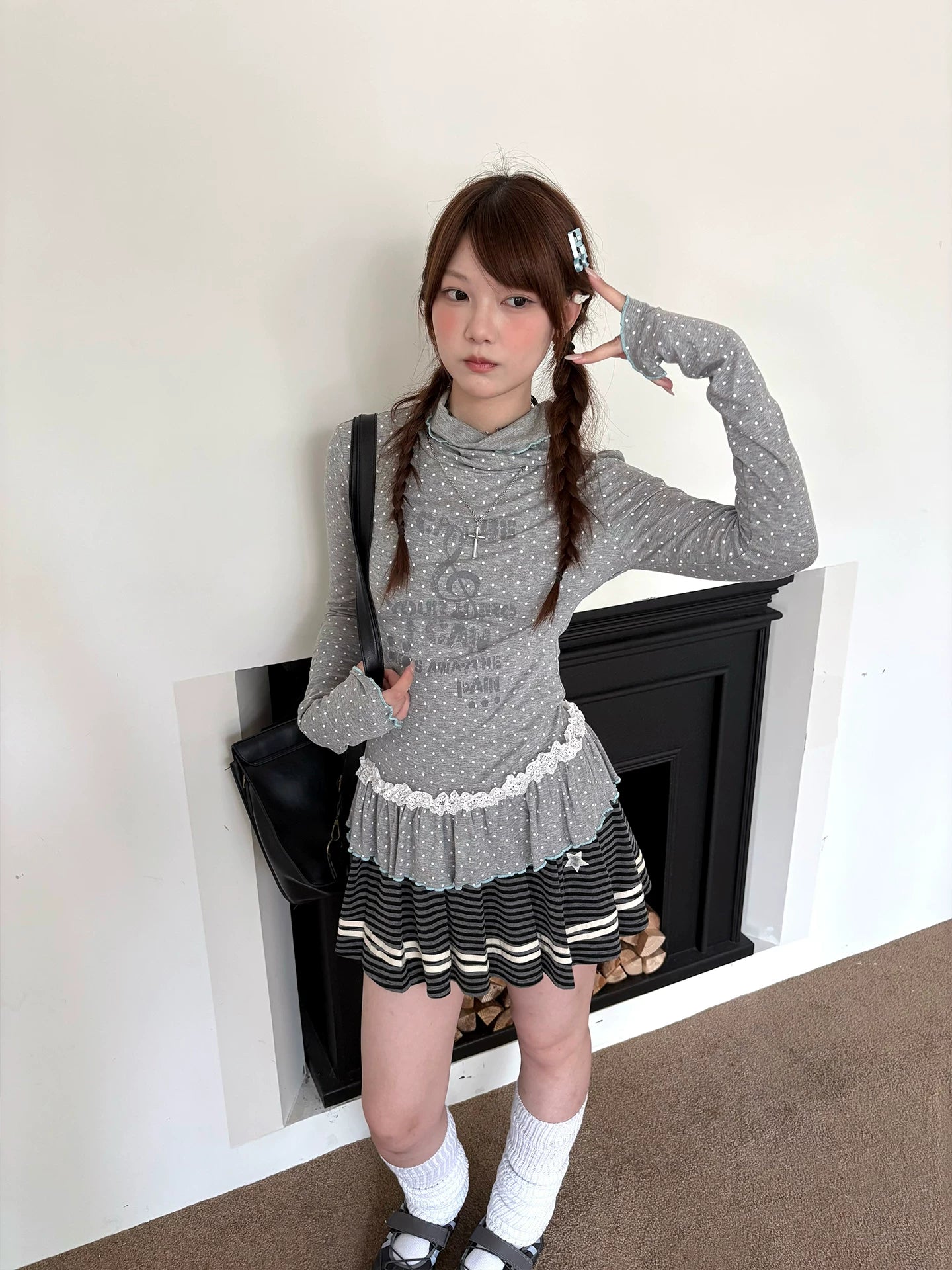 Polka Dot Lace High-Neck Long Sleeve T-Shirt