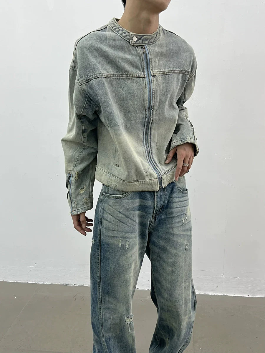 Wash Standing-neck Denim Jacket