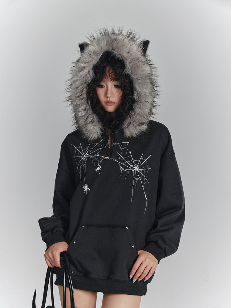 Spider Web Print Fur Collar Cat Ear Oversize Zipper Hoodie