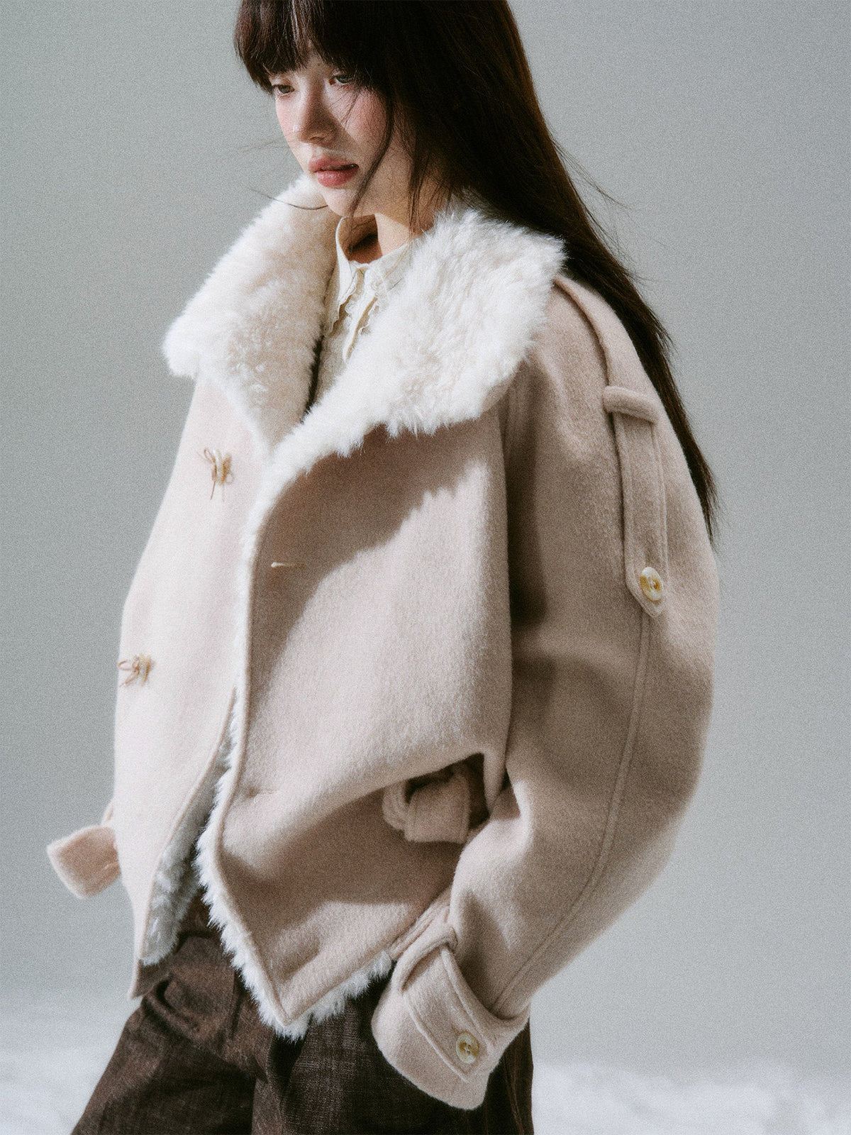 Fake Fur Collar Belted Jacket