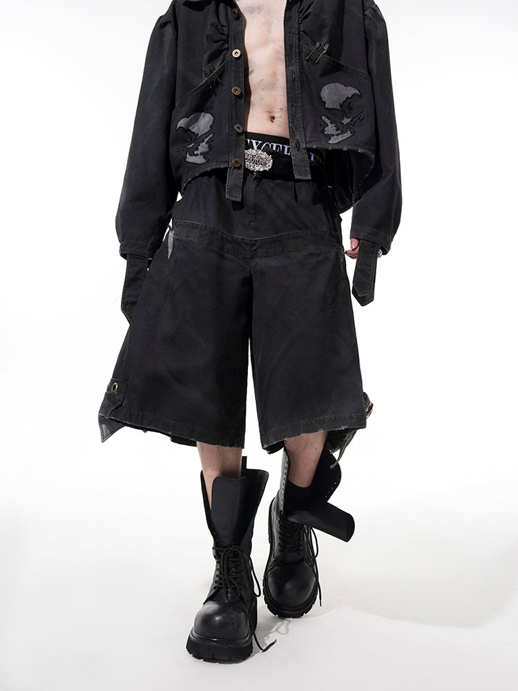 Large Pocket Denim Short Jacket & Wide-leg Short Setup