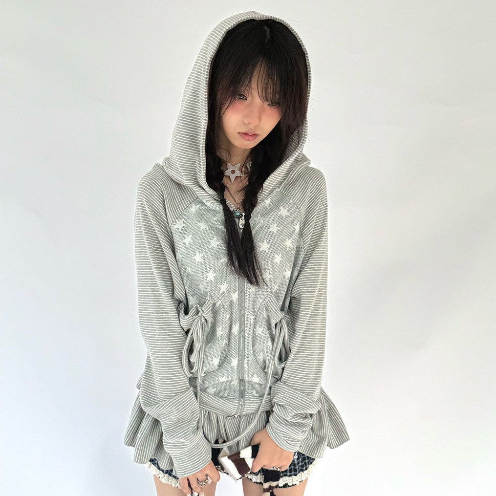 Striped Patchwork Hooded Drawstring Ruffle Jacket & Skirt Setup
