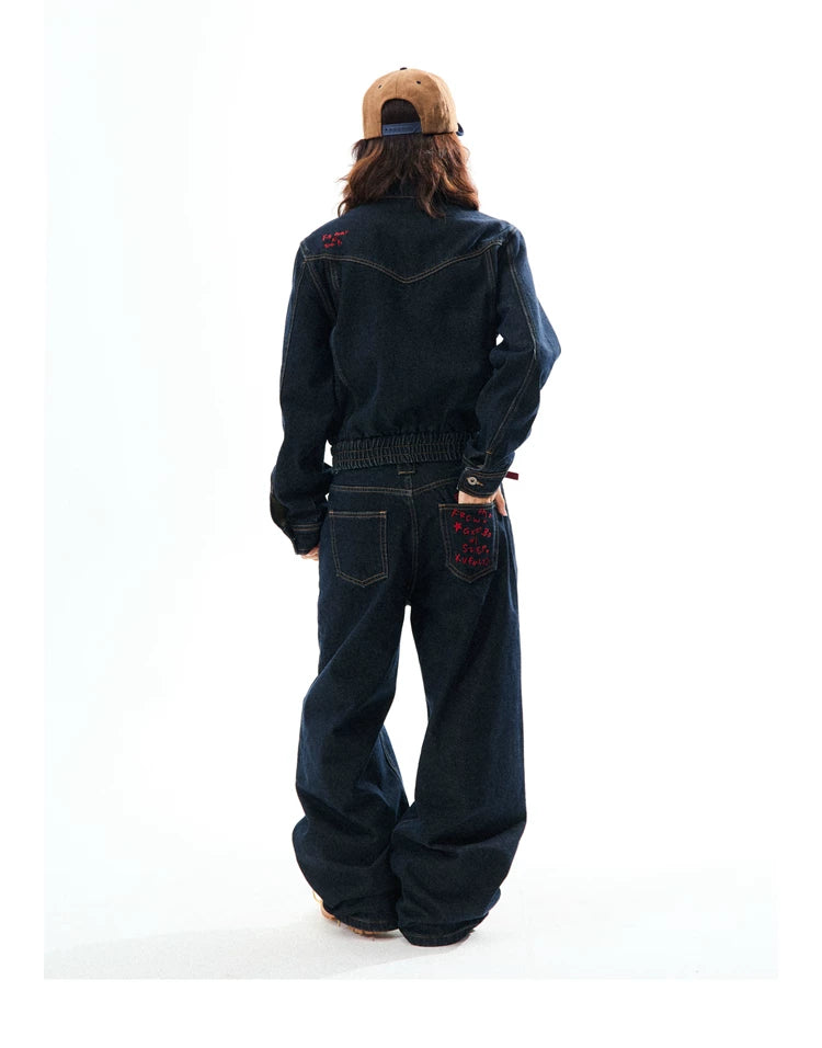 Embroidered Cropped Denim Jacket & Wide-Leg Denim Jeans Setup