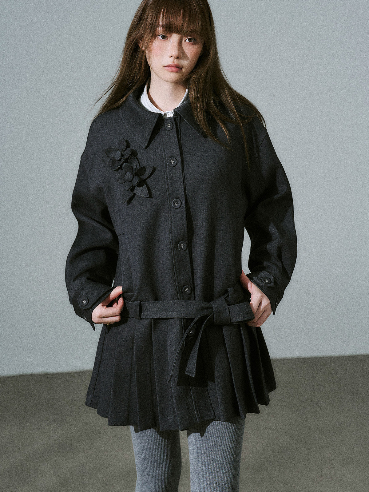Flower Pleats Tencel Wool Trench Coat