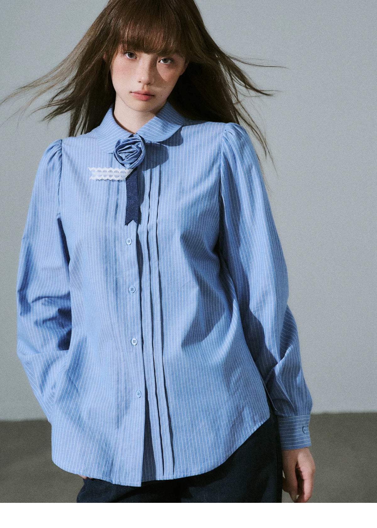 Lace & Flower Detail Stripe Long Sleeve Shirt