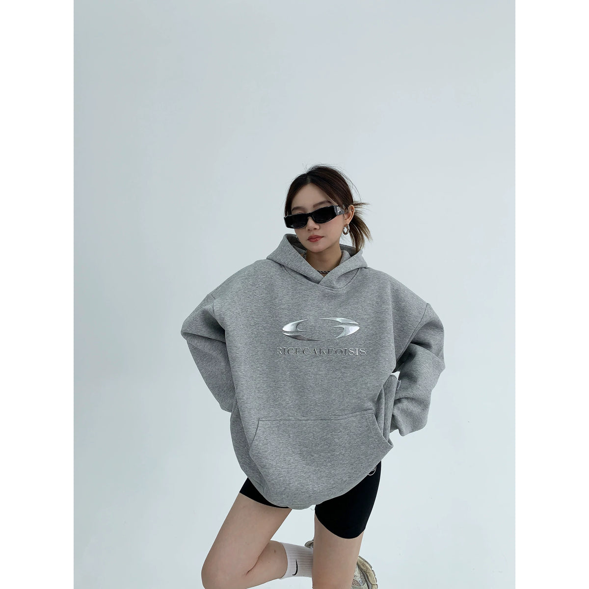 Silver Logo Print Oversized Hoodie