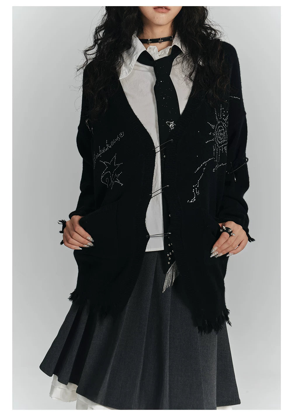 Safety Pin V-Neck Oversize Knit Cardigan