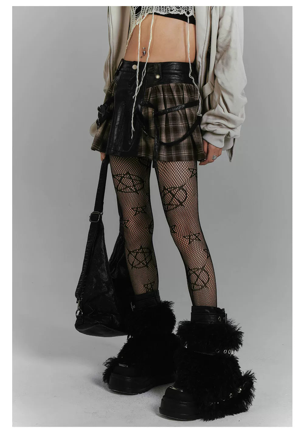 Plaid PU Leather Mix Patchwork Short Skirt