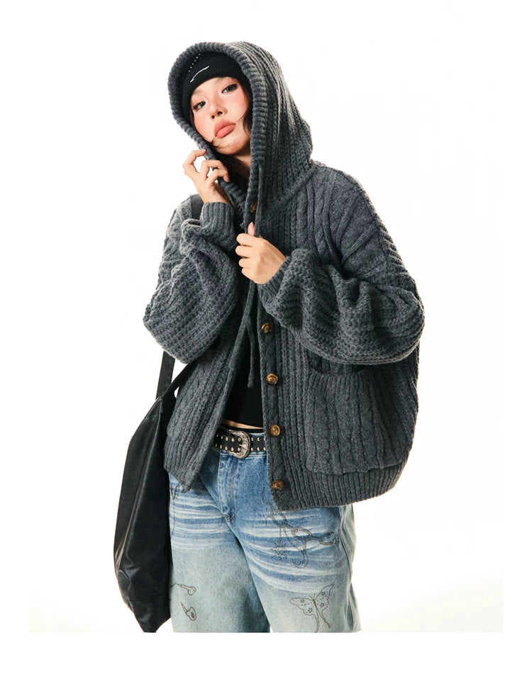 Hooded Button Oversize Cable Knit Cardigan