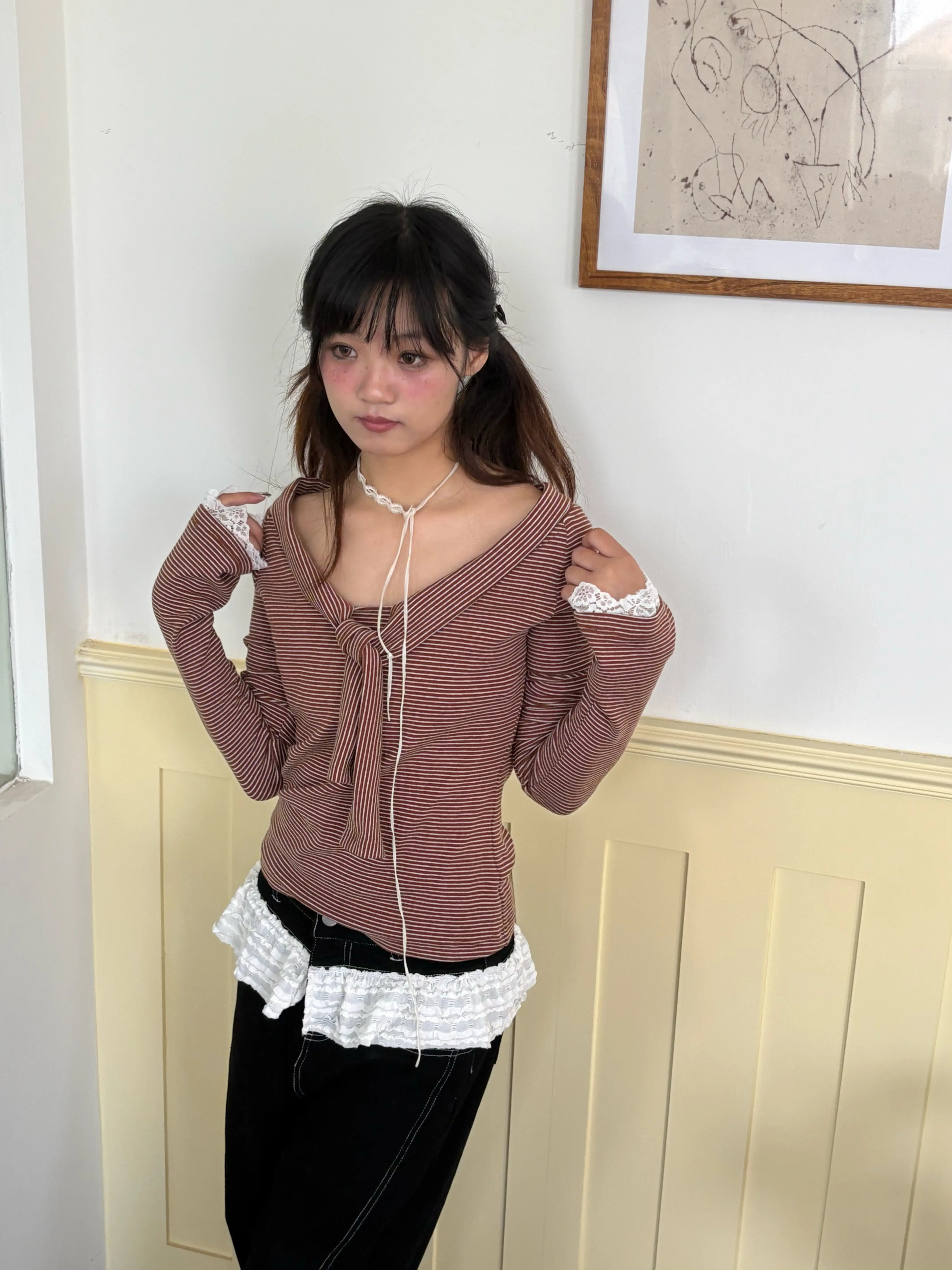 Striped Lace Trim Tie Detail Long Sleeve T-Shirt