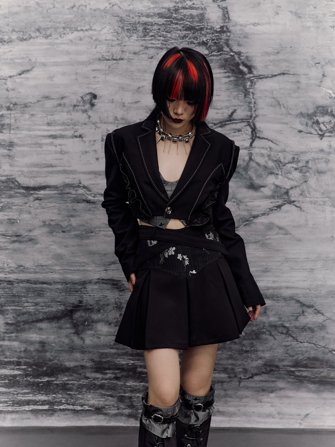 Floral Camisole Bustier & Flare Leg Warmers & Pleats Skirt & Cropped Jacket Setup