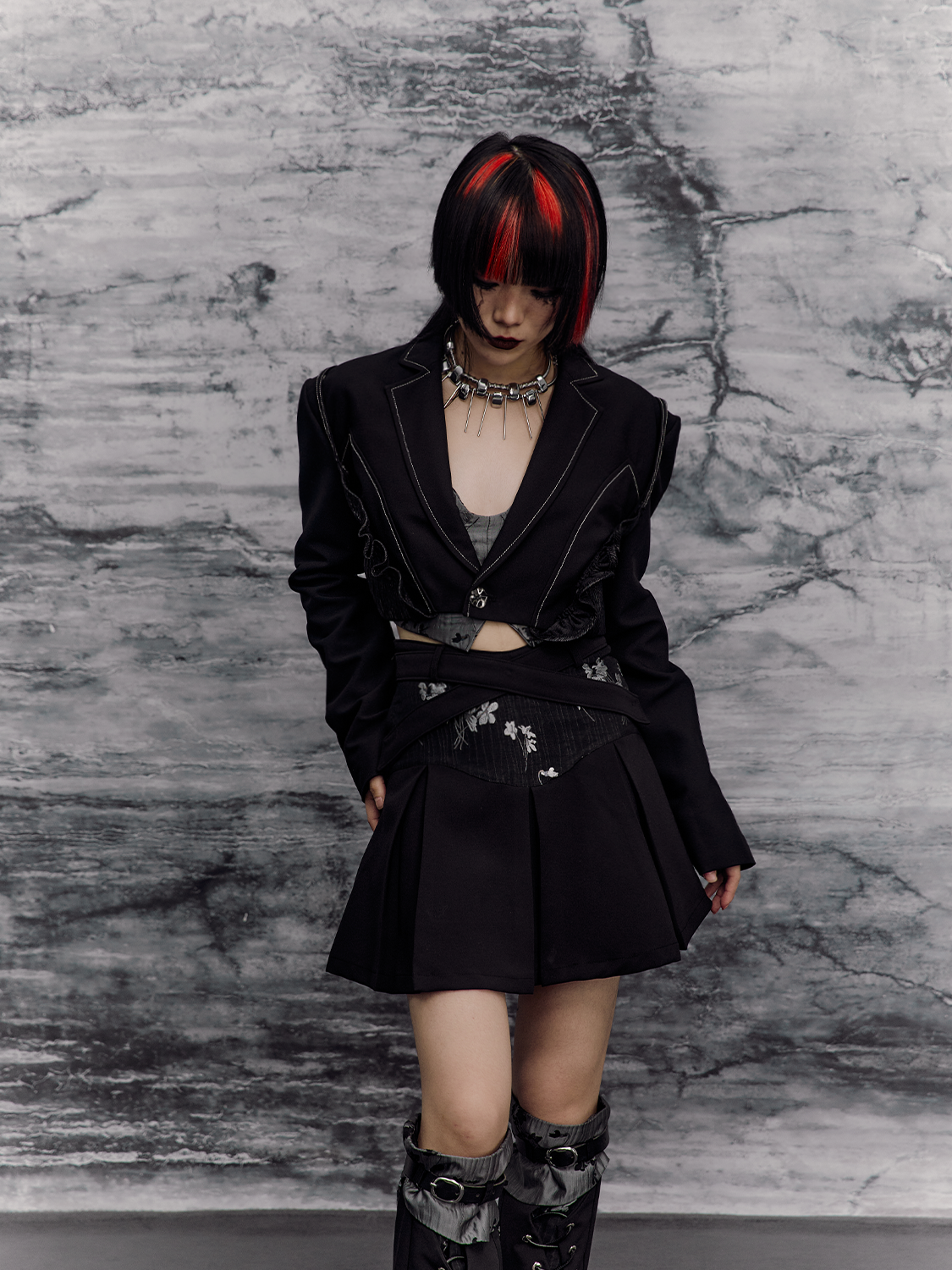 Floral Camisole Bustier & Flare Leg Warmers & Pleats Skirt & Cropped Jacket Setup