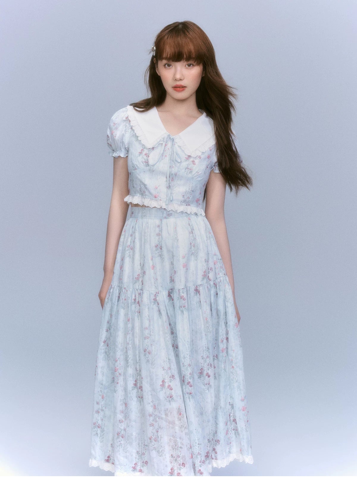 Floral-Print Blouse & Lace Trim Flared Skirt Setup