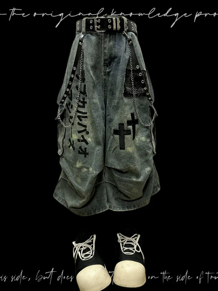 Washed Pleats Patch Wide Leg Cargo Half Denim Jeans & Belt & Chain