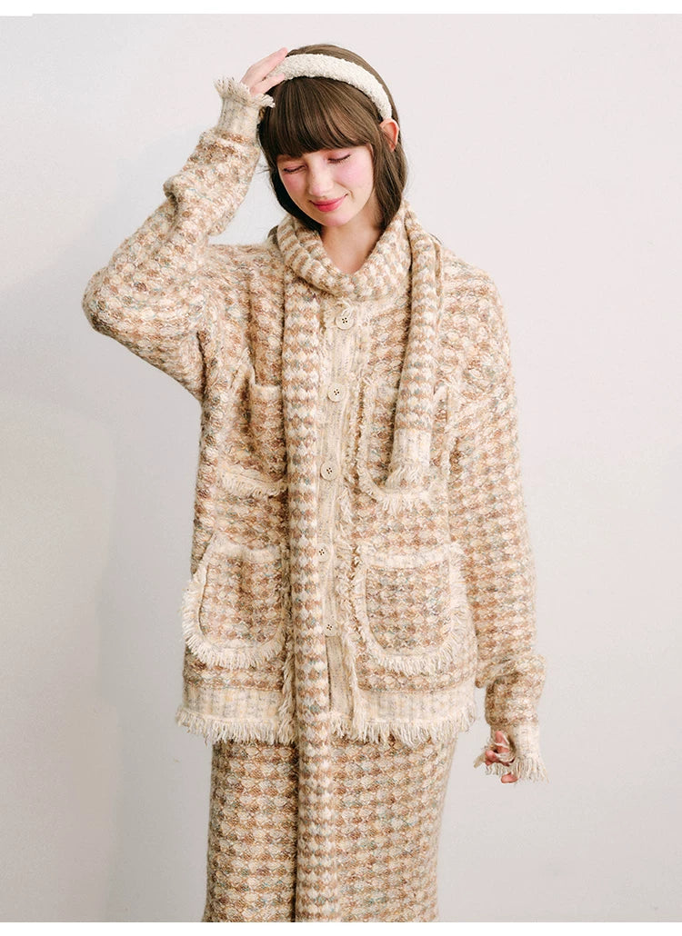 Plaid Button Cardigan & Scarf & Long Skirt Setup