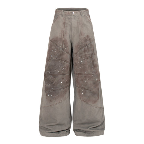 Washed Paint Studs Detail Wide Leg Pants - Gray / M