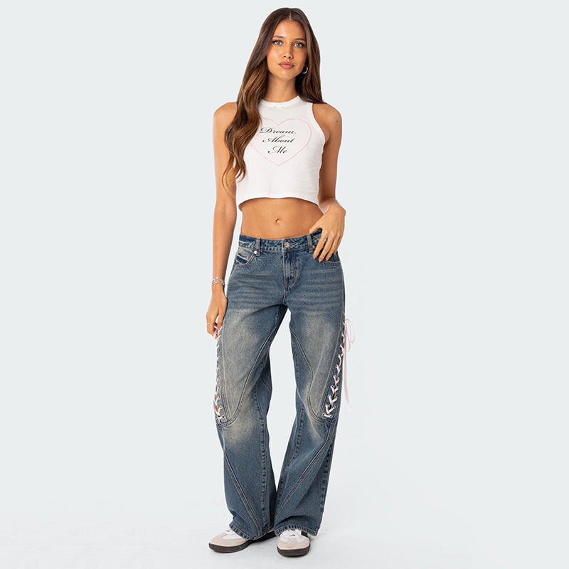 Lace-up Low-rise Straight-Leg Jeans