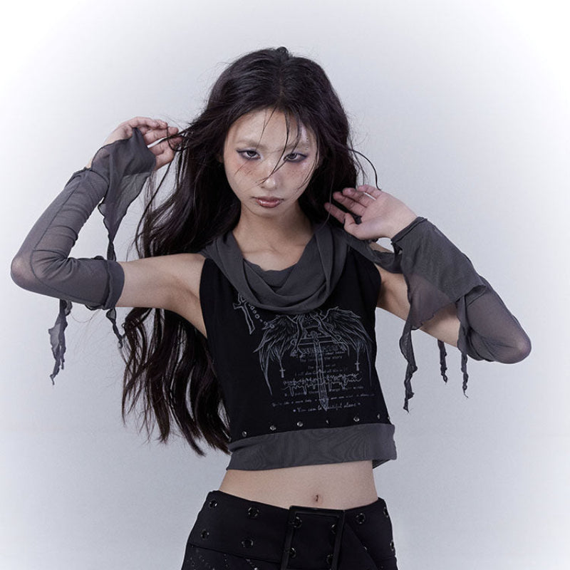 Rivet Print Patchwork Sleeveless T-Shirt & Arm Cover Set