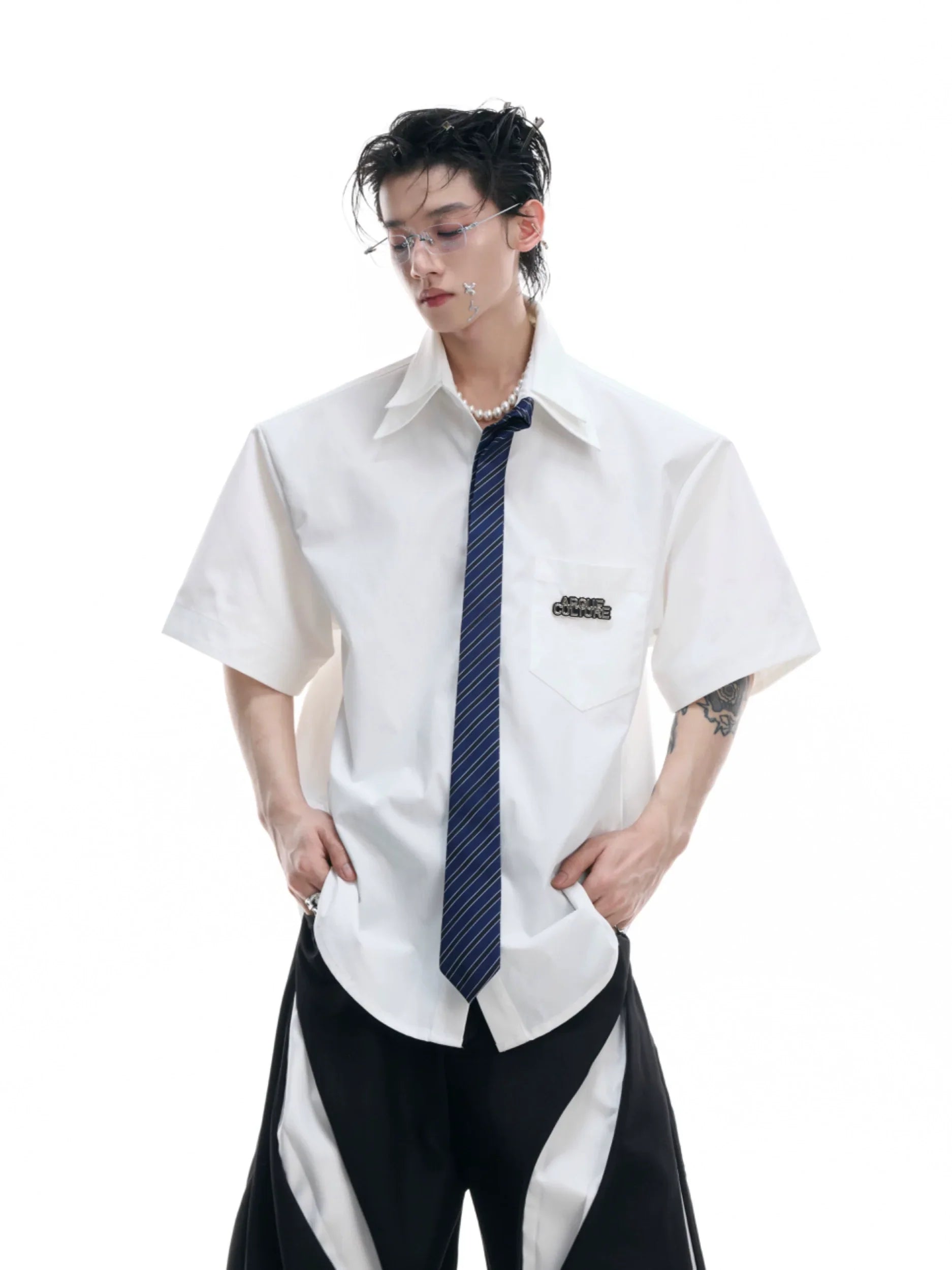 Double Collar Design Tie & Collared Short Sleeve Shirt