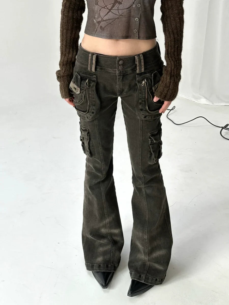 Multi-Pocket Stretch Flare Denim Pants