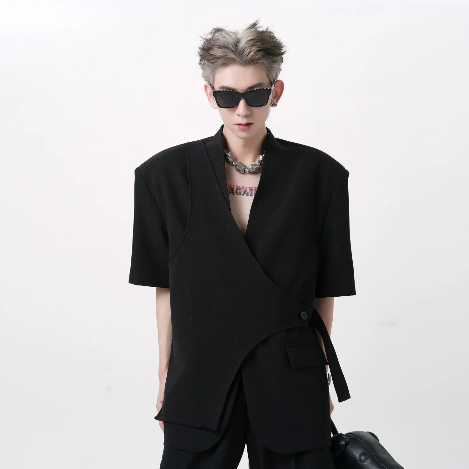 Short Sleeve Jacket & Wide-Leg Straight Trousers Setup