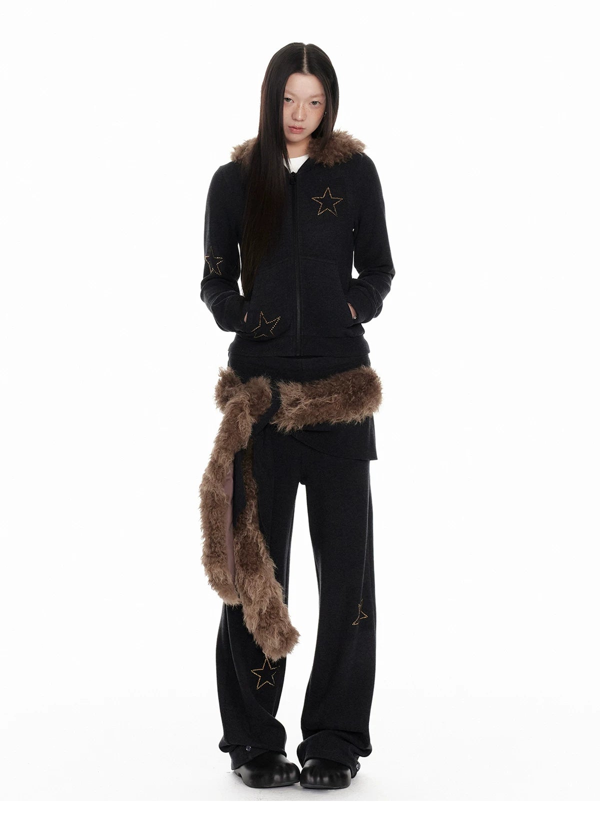 Horn Fur Collar Fuzzy Zipper Hoodie & Wide-Leg Pants Setup
