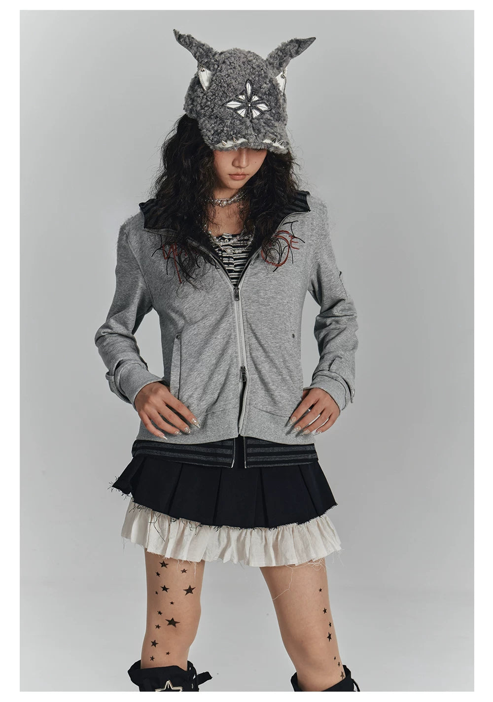 Embroidery Fake Layered Double Zipper Hoodie