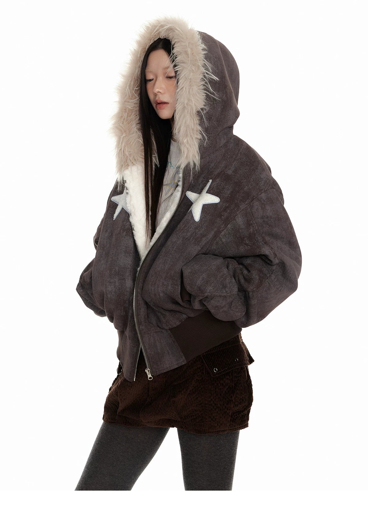 Fur Trim Patchwork Hooded Puffer Jacket