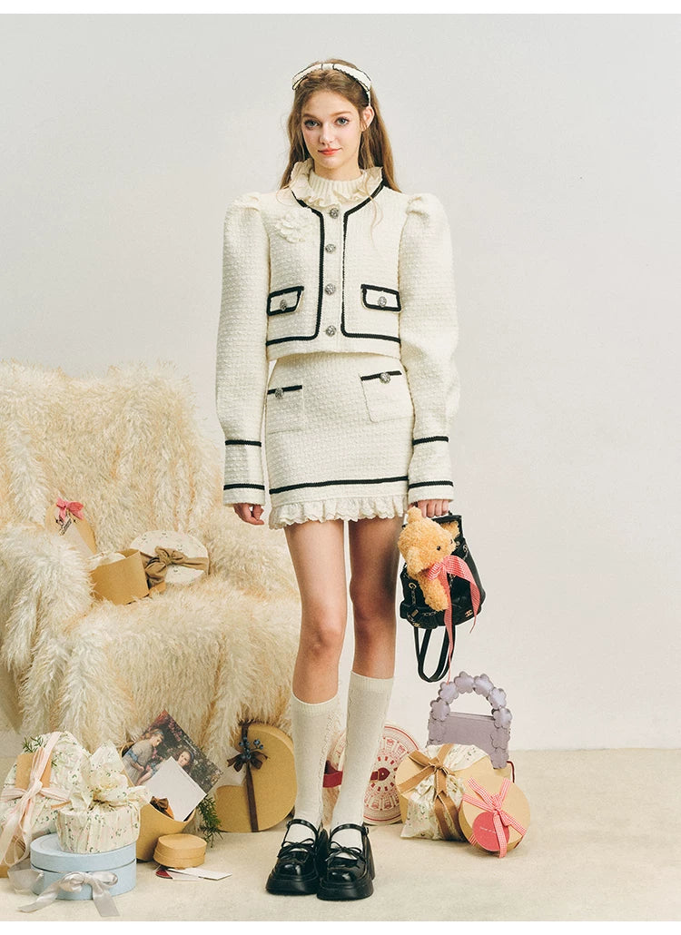 Bubble Sleeve Button Up Jacket & Lace Short Skirt Setup